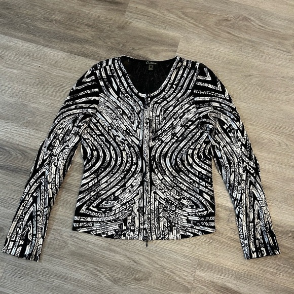 Cartise Black and White Patterned Ribbon Zip Up Jacket with Sheer Panels. - Picture 3 of 10